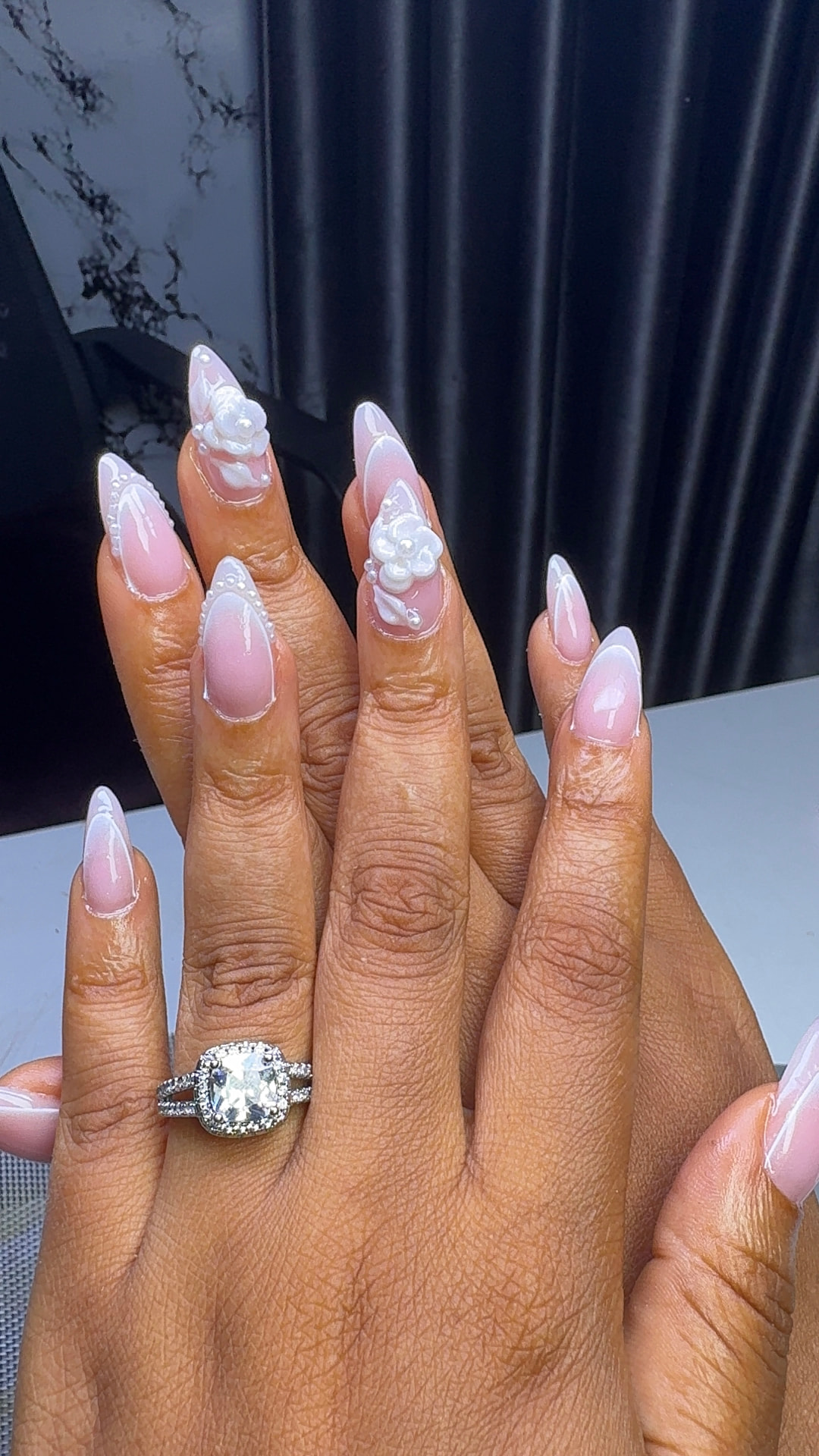 Bridal almond nails with 3D pearl flowers