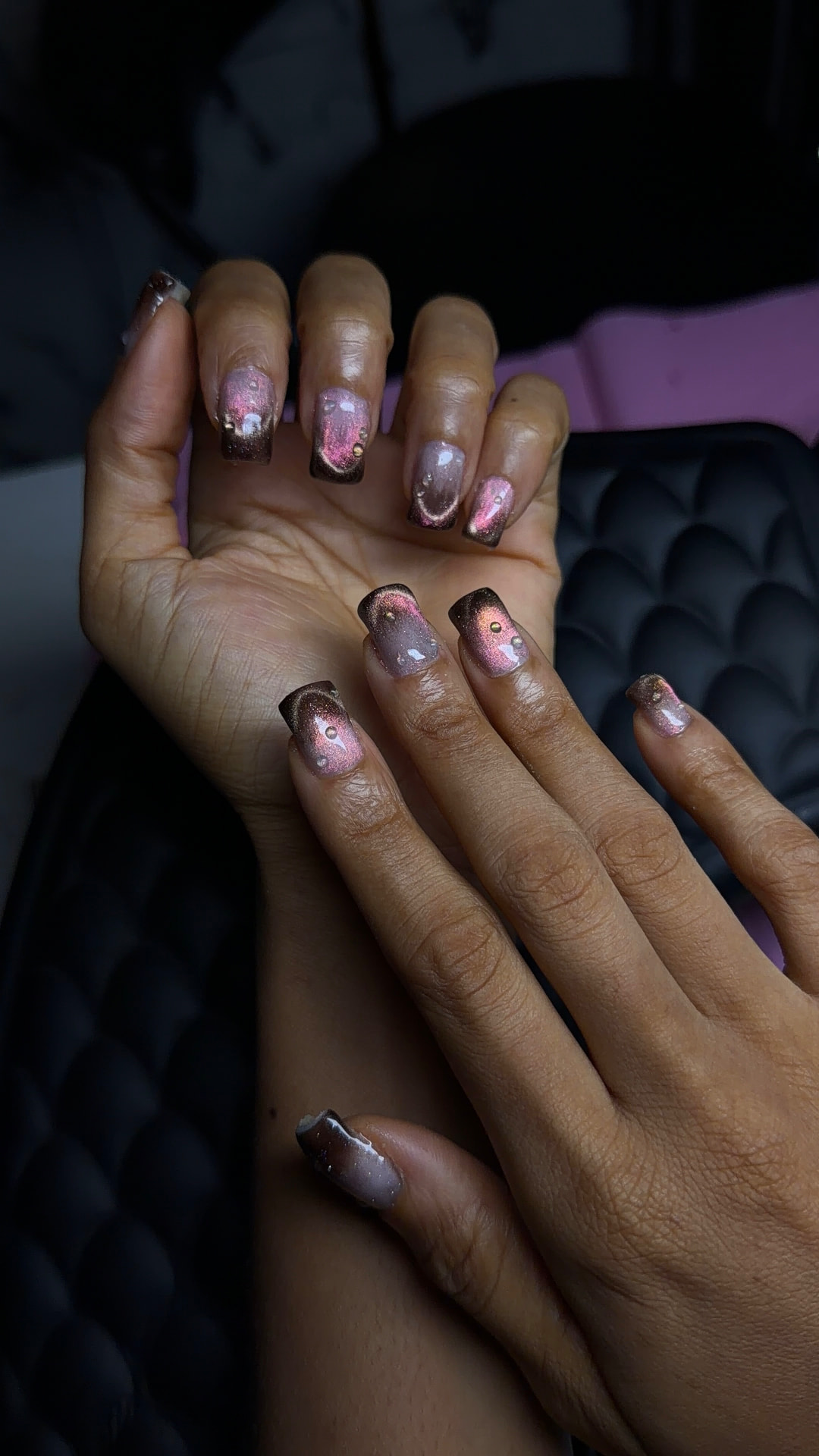 BIAB builder gel set with pink chrome and gold bead accents