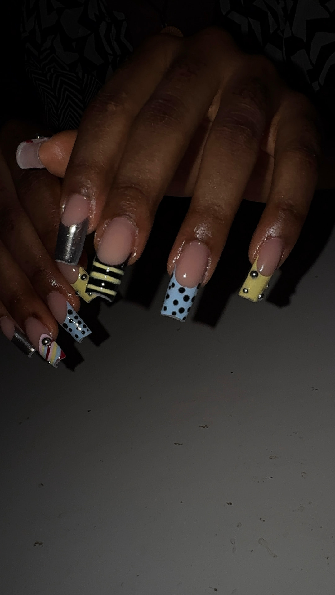 Long square acrylic set with polka dot and stripe art